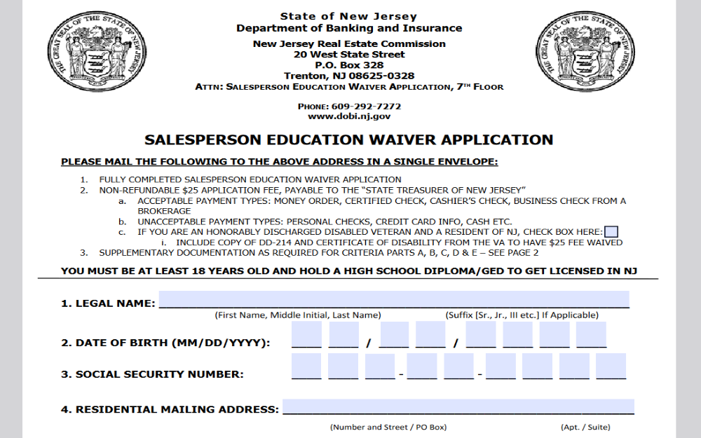 Screenshot of state of New Jersey website for Department of Banking and Insurance showing a PDF copy of the Salesperson Education Waiver Application form.