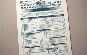 A graphic showing a practice test of the New Jersey real estate licensure exam with a government building on top.